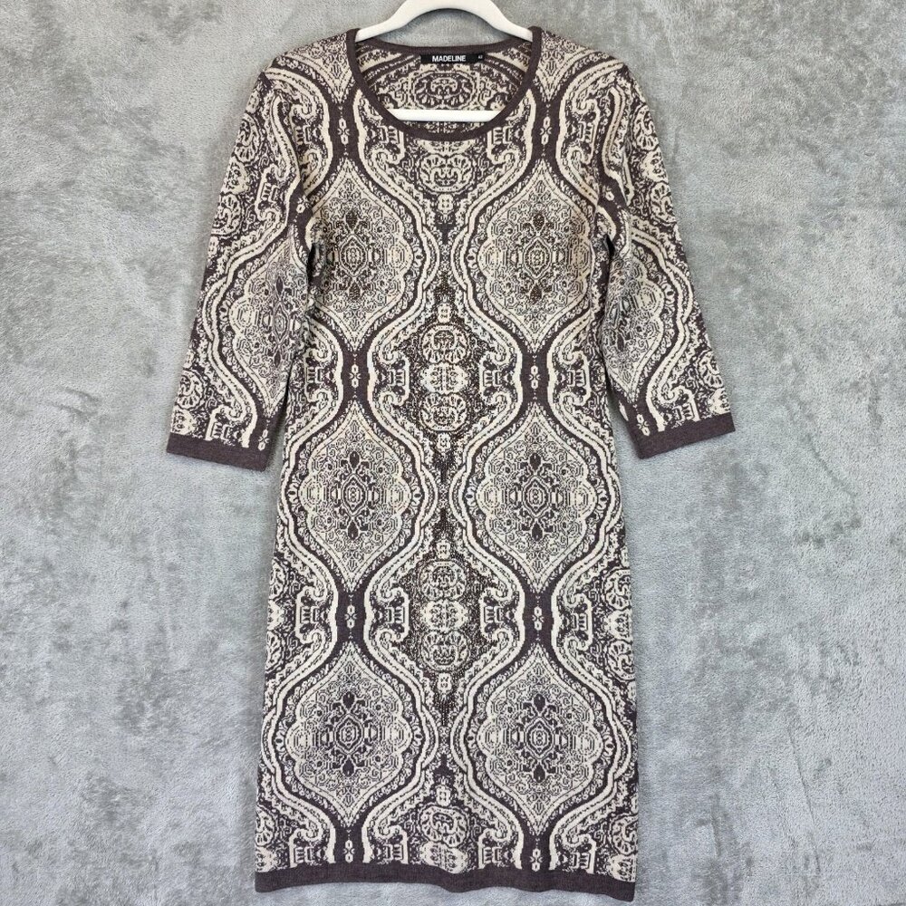 Madeline Dress Womens 42 Brown Beige Knit Jacquard Beaded 3/4 Sleeve Wool Blend